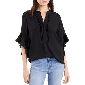 Vince Camuto Women's Top Ruffle Sleeves Split Neck Blouse Rich Black XS